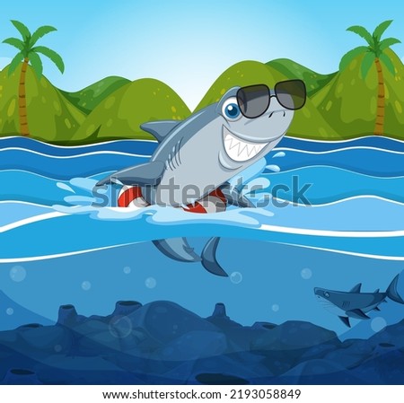 Cute shark cartoon character swimming in the sea illustration