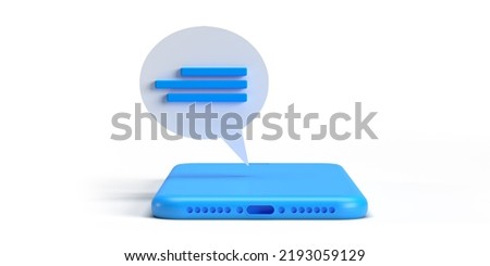 Lying blue Smart mobile phone with online dialog speech bubbles coming off device screen, 3D rendered flat lay. Chat conversation balloon template. White background with clipping path and copy space