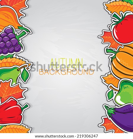 Autumn background with vegetables and fruits. Bright colorful composition and place for text. Eps 10 vector illustration.