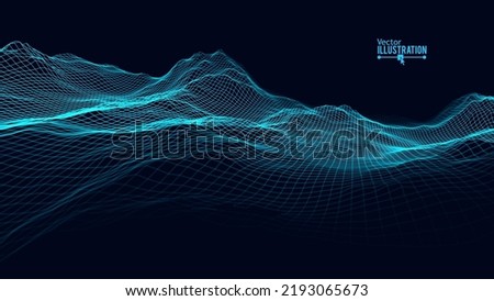Blue Wireframe Landscape Wire with Depth of Field Effect. 3D Topographic Map Background Concept. Geography Concept. Tech Wavy Backdrop. Space Game Surface HUD Design Element. Royalty-Free Stock Photo #2193065673