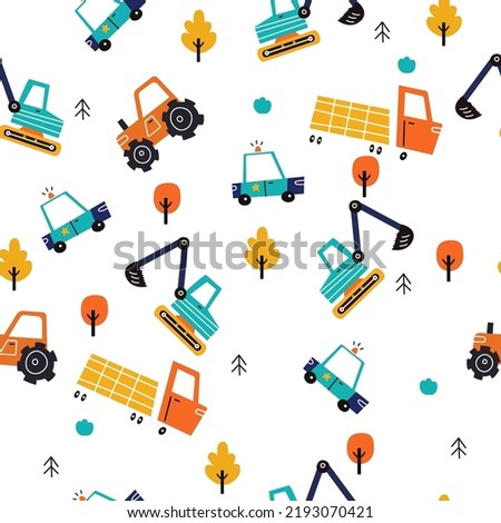 Childish seamless pattern with building equipment.Tractors, excavators, dump trucks, police cars Creative kids texture for fabric, wrapping, textile, wallpaper, apparel. Vector flat illustration  Royalty-Free Stock Photo #2193070421