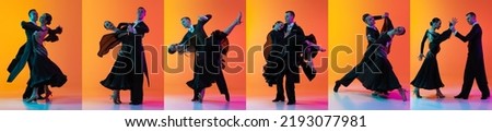 Collage with images of young dance ballroom couple in black stage attires dancing over ornage background in neon light. Ballroom dance concept. Emotions - love and passion Royalty-Free Stock Photo #2193077981