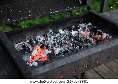 black white charcoal in metal brazier on backyard, green grass in background, grilling bbq food