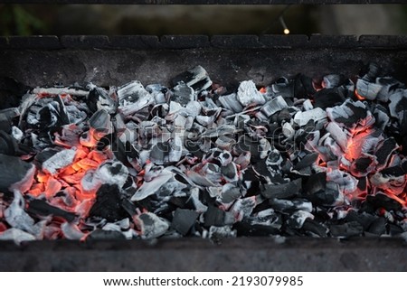 black white charcoal in metal brazier on backyard, green grass in background, grilling bbq food, texture
