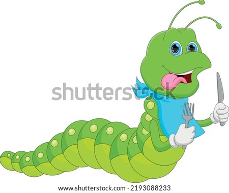 cute caterpillar cartoon holding fork and knife