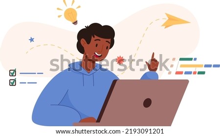 Coding project. Young man sitting with laptop, writing code, studying. Script coding in php, python, javascript, programming languages. Freelance and remote job, online course concept