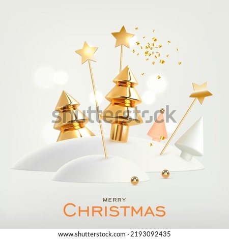 Merry Christmas card. 3d realistic Christmas tree, snow, confetti on white background. Golgen, white and pink holiday xmas decoration elements