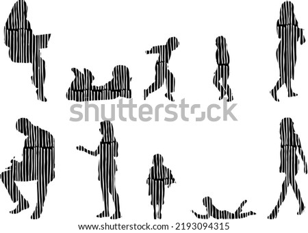 Vector silhouettes, Outline silhouettes of people, Contour drawing, people silhouette, Icon Set Isolated, Silhouette of sitting people, Architectural set	