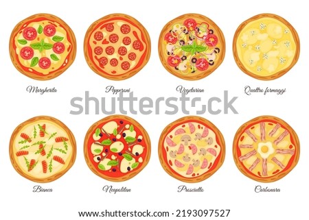 Pizza types set. Different filling types, italian fast food, round dough cake, tomato sauce, cheese, vegetables and meat, whole pepperoni margherita and carbonara recent vector cartoon set Royalty-Free Stock Photo #2193097527