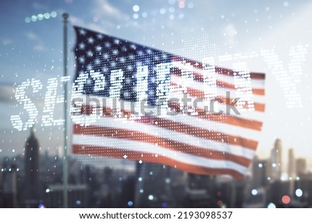 Virtual cyber security creative concept on US flag and city background. Double exposure Royalty-Free Stock Photo #2193098537