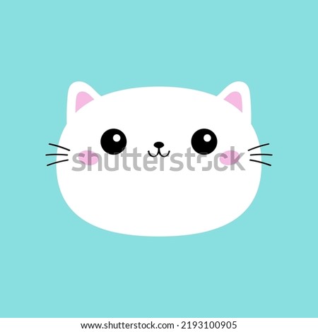 White cat kitten kitty round icon. Kawaii cute cartoon character. Funny happy face. Baby greeting card tshirt notebook cover template. Happy Valentines Day. Flat design Blue background Isolated Vector
