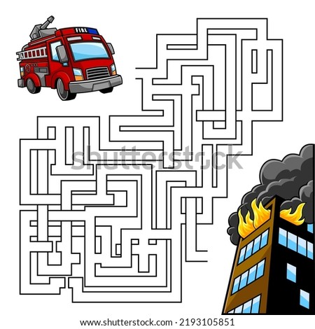 Cartoon Maze Game Education For Kids Help The Fire Truck Get To The Burning Building. Vector Hand Drawn Illustration Isolated On White Background