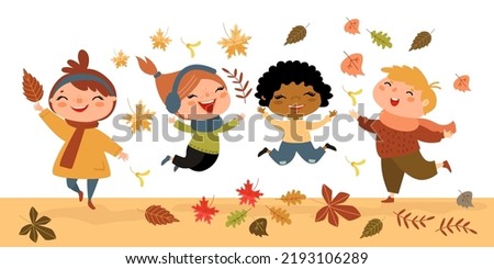 Cute kids playing and jumping with autumn leaves. Happy children in fall. Funny girls and boy in outdoor activity. Cartoon friends, hand drawn vector illustration. Flat design. 