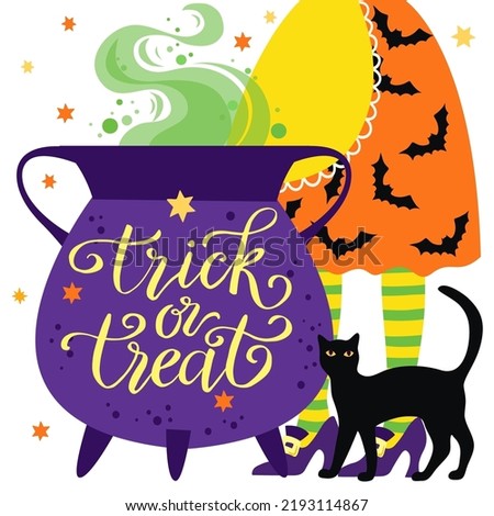 Trick or treat, lettering, witch legs, cat and pot, Halloween vector illustration, card, poster.