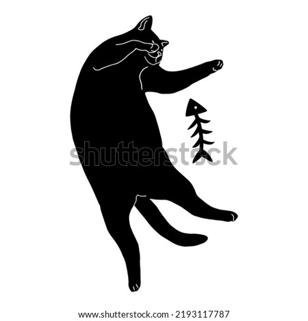 Black cat silhouette isolated on white background. Cute kitty lies with the skeleton of a fish. Print design for t-shirts, stickers, souvenirs. humorous animals. Flat style in vector illustration. 