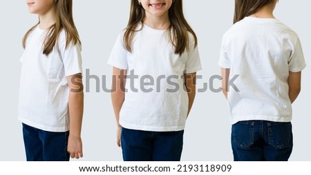 Unrecognizable girl wearing a white casual shirt. Side view, behind and front view of a mockup t-shirt for design print or logo Royalty-Free Stock Photo #2193118909