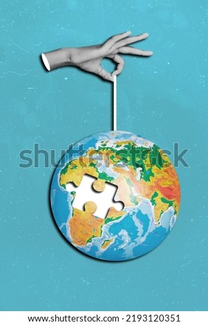 Photo cartoon comics sketch picture of arm holding hanging earth without one jigsaw element isolated drawing background