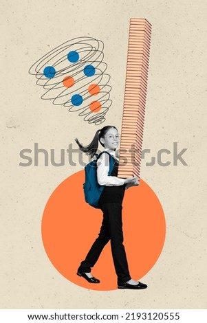 Vertical collage image of smart clever little girl black white gamma hands hold huge pile stack book walk isolated on drawing background