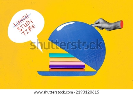 Composite collage picture of human arm open food plate cover pile stack book strikethrough text lunch study time