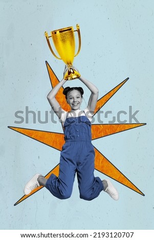 Photo sketch graphics artwork picture of charming excited small kid rising champion cup isolated drawing background