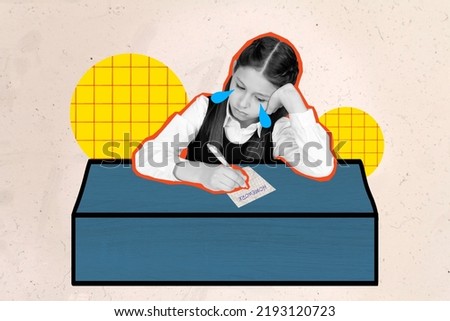 Photo cartoon comics sketch picture of unhappy upset little child reparing home task crying tears isolated drawing background
