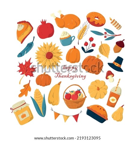 Set of Thanksgiving doodles, clip art, cartoon elements. Good for stickers, labels, planners, cards and posters, decor. EPS 10