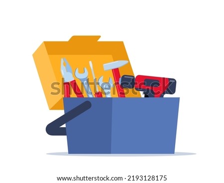 Opened toolbox with instruments inside. Workman's toolkit. Tool chest with hand tools. Workbox in flat style. Vector illustration Royalty-Free Stock Photo #2193128175