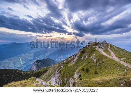 A beautiful mountain landscape at the Dobratsch in Austria with a chapel and hiking trails Royalty-Free Stock Photo #2193130229