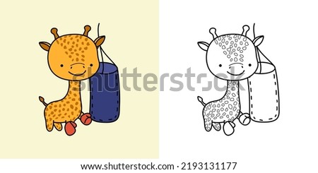 Set Clipart Giraffe Athlete Coloring Page and Colored Illustration. Clip Art Kawaii Animal Sportsman. Vector Illustration of a Kawaii Giraffe for Coloring Pages, Prints for Clothes, Stickers, Baby Sho