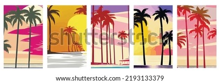 Set vertical retro sunset posters set 80s and 90s style with palm trees beach. Abstract background with sunny gradient. Palm trees silhouettes. design template for logo Summer vacation. Seaside view
