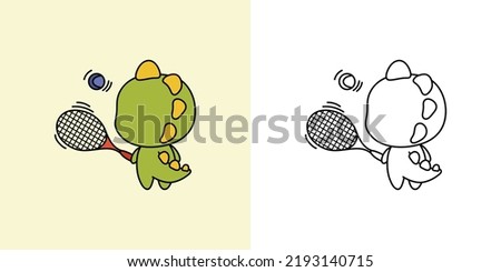 Kawaii Dinosaur Sportsman Clipart Multicolored and Black and White. Cute Kawaii Dino Sportsman. Vector Illustration of a Kawaii Animal for Stickers, Prints for Clothes, Baby Shower, Coloring Pages.
