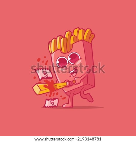 French fries character playing baseball with a french fry. Food, funny, brand design concept.
