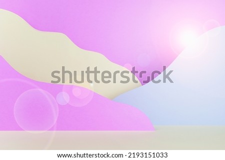 Abstract scene - landscape with sunlight, glow glare, paper mountains in pink, blue, white color in funny cute children style. Creative background for design, presentation, poster, flyer, card, text.