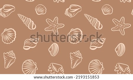 Vector seamless pattern on the marine theme. Different seashells and stars with a light line on a beige background. Royalty-Free Stock Photo #2193151853