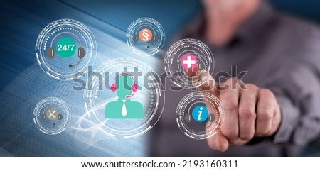 Man touching a support concept on a touch screen with his finger