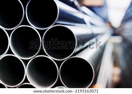 Steel pipes group for industry  material Product of engineering  construction Factory equipment iron tubes metal warehouse industrial  Royalty-Free Stock Photo #2193163071