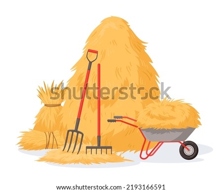 Cartoon haystack and pitchfork, rural stacked fodder straw. Agricultural farm hay heap, dried haycock flat background illustration. Farming haymow
