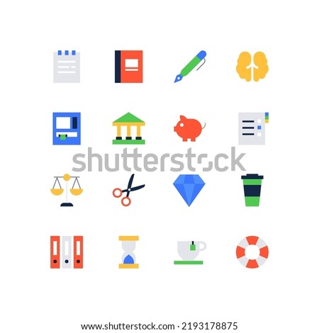 Court and paperwork - set of flat design style icons, isolated on white background. Images of office supplies and financial elements. Files and folders, documents, piggy bank, scales, coffee break