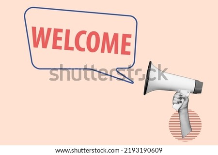 Male hand holding megaphone with welcome speech. Loudspeaker. Banner for business, marketing and advertising