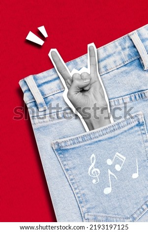 Creative 3d collage artwork postcard poster magazine sketch of arm show rock sign jeans pocket isolated on drawing background