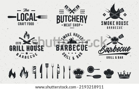 Vintage food logo templates and 14 design elements for restaurant business. Butchery, Barbecue, Cooking Class emblems templates. Fork, knife, whisk, chef, fire, cooking icons.Vector illustration