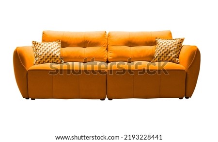 Orange sofa with checkered pillows isolated. Upholstered furniture for living room. Orange couch isolated Royalty-Free Stock Photo #2193228441