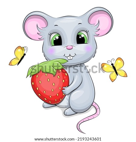 Cute cartoon mouse holding a red strawberry. Vector illustration of an animal on a white background with butterflies.