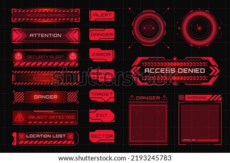 Set of warning, attention and alert red symbols. HUD caution and danger frames. Game UI with warning boxes for system damage error. Tech and Sci Fi interface alarm panels