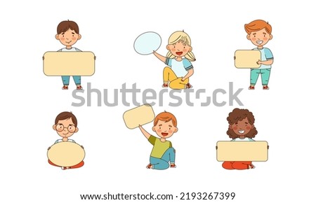 Smiling Kids Holding Empty Oval and Rectangular Plaque Vector Set