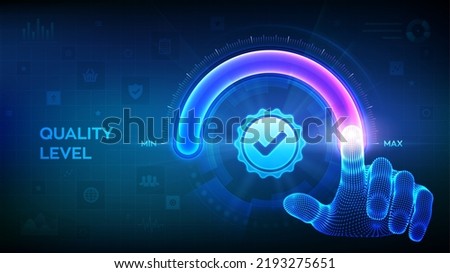 Quality levels growth. Wireframe hand is pulling up to the maximum position circle progress bar with the quality icon. Quality improvement assurance certification service concept. Vector Royalty-Free Stock Photo #2193275651