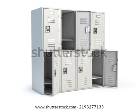 Metal locker box with open doors isolated on white. 3d illustration Royalty-Free Stock Photo #2193277133