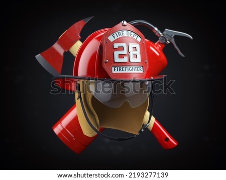 Fire Deprtment Emblem. Firefighter badge on a helmet with fire extinguisher and axe. 3d illustration Royalty-Free Stock Photo #2193277139