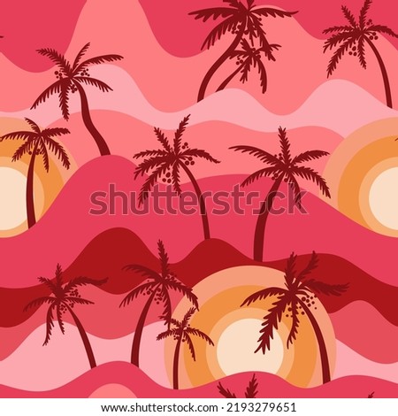 Vector seamless pattern with silhouettes of palm trees on the background of the setting sun. Tropical background with sea, silhouettes of palm trees. Ppink, red, yellow colors. Hand-drawn