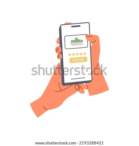 Hand holding phone. Evaluation of goods, writing reviews of delivery, hotels, shops. product delivery service. Flat vector illustration isolated on black background